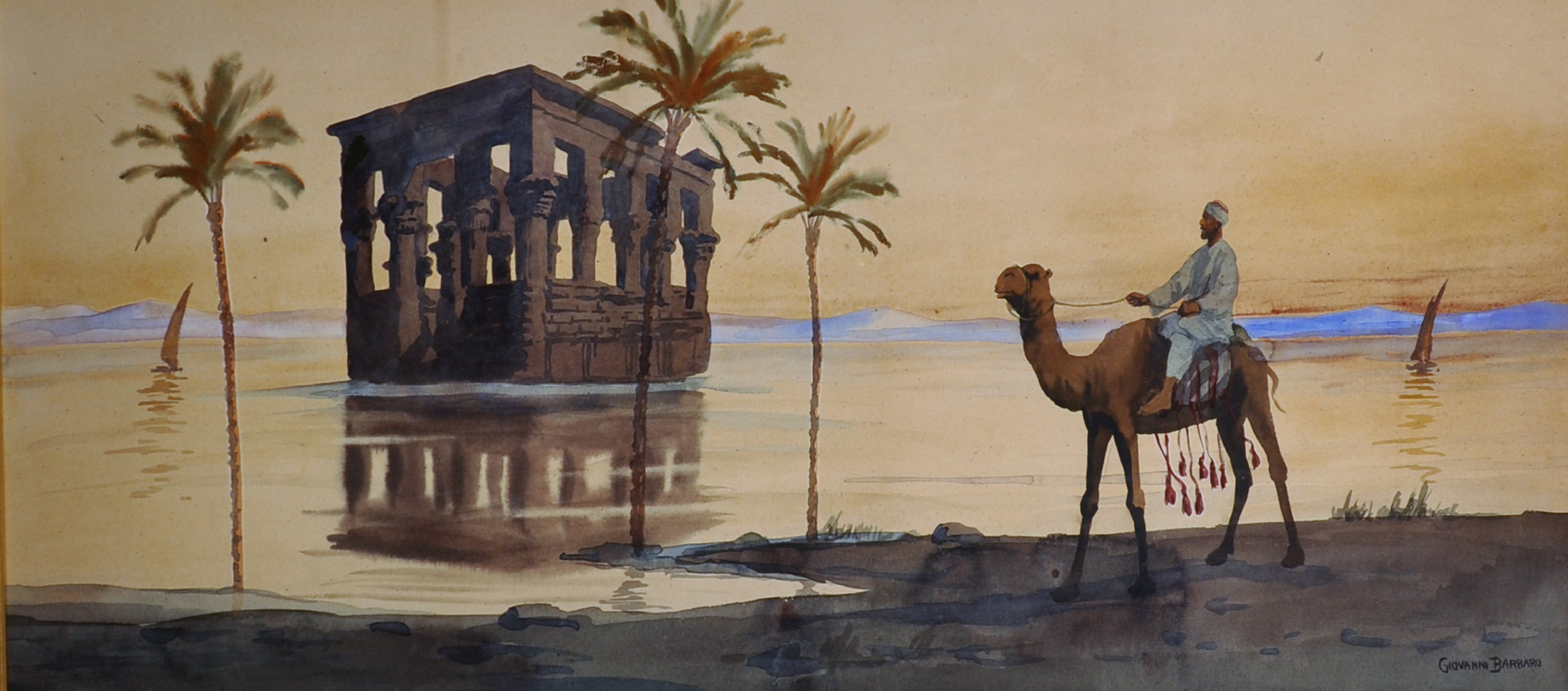 Giovanni Barbaro (1864-1915) Italian. "Pharoah's [sic] Bed, Philae, Nile", with a Figure Riding a
