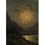 19th Century European School. A Moonlit River Landscape, with a standing Figure, Oil on Panel,
