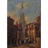 19th Century Continental School. Figures on a Street, with a Cathedral Tower in the distance, Oil on