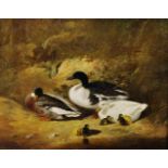 After Edouard Jeanmaire (1847-1916) Swiss. Ducks with their Young, on the Banks of a River, Oil on