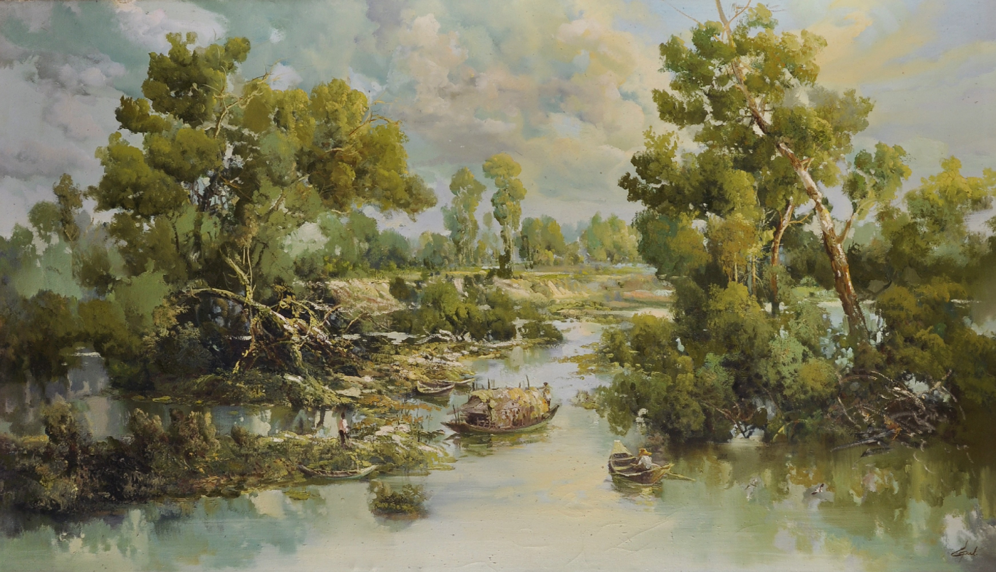 20th Century Asian School. A River Landscape, with Figures in Boats, Oil on Canvas, Signed,