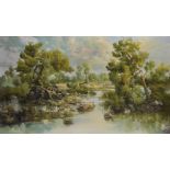 20th Century Asian School. A River Landscape, with Figures in Boats, Oil on Canvas, Signed,