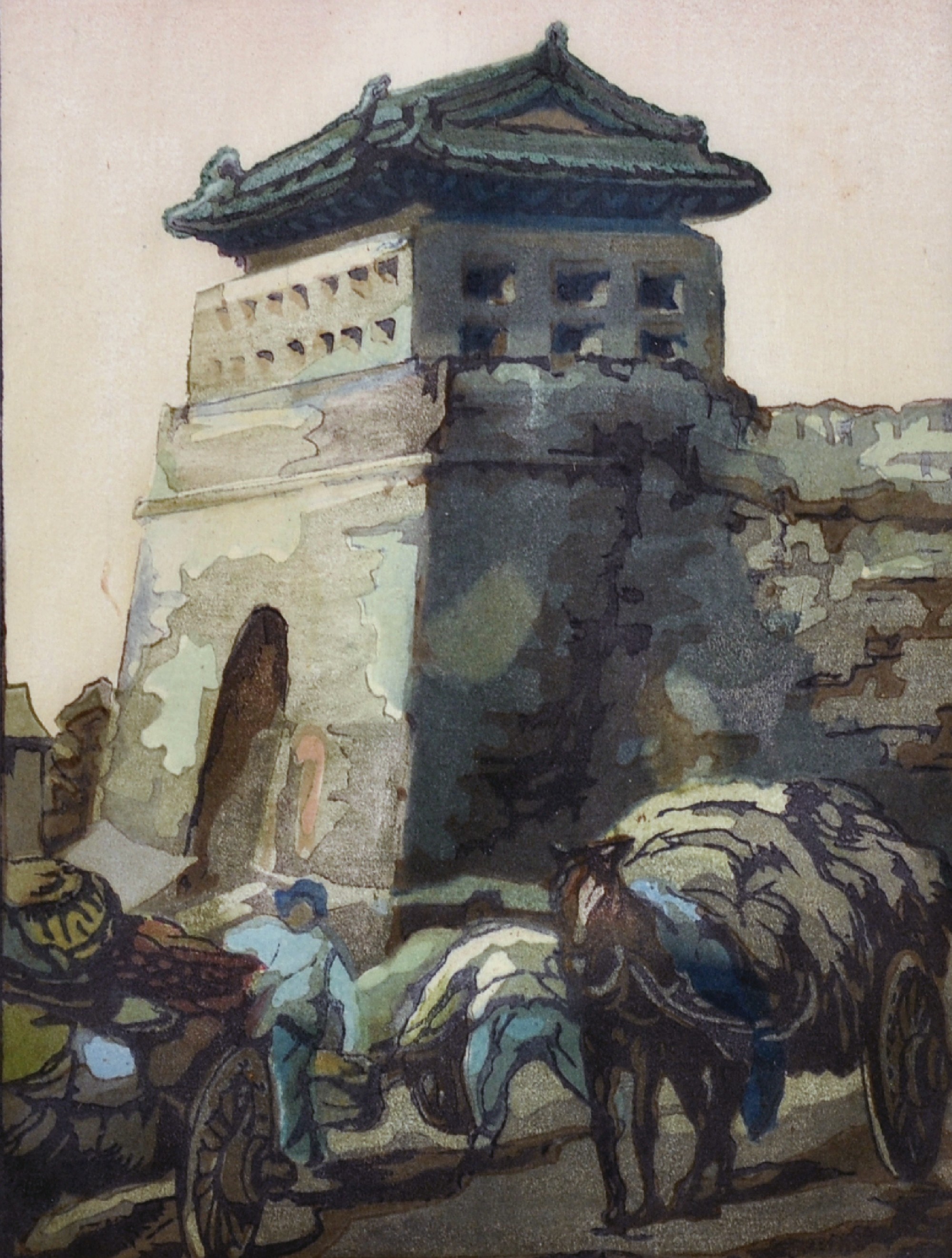 Katharine Jowett (1890-c.1965) British. "The City Gate, Peking", Woodcut in Colours, Signed in