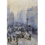 Evelyn Blacklock (19th - 20th Century) British. "Piccadilly in Winter", with numerous Figures, Horse