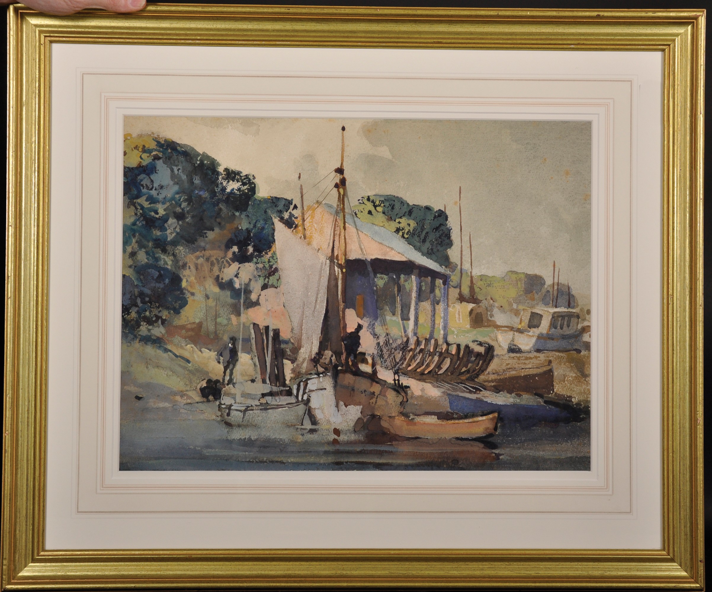 Leslie Arthur Wilcox (1904-1982) British. A River Scene, with Moored Boats, Watercolour, Inscribed - Image 2 of 4