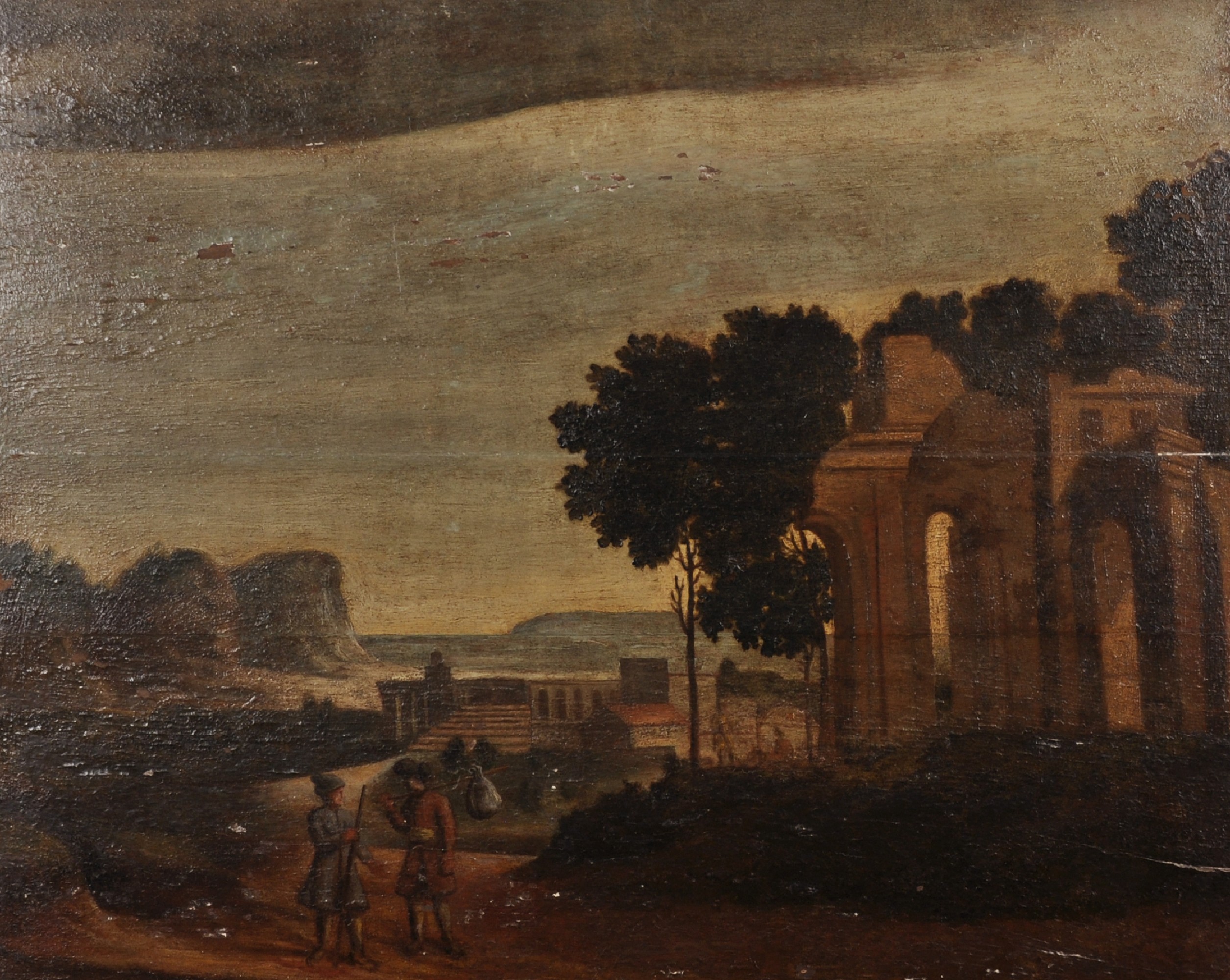 18th Century Dutch School. Figures in a Classical Landscape, Oil on Panel, 28" x 34.5".