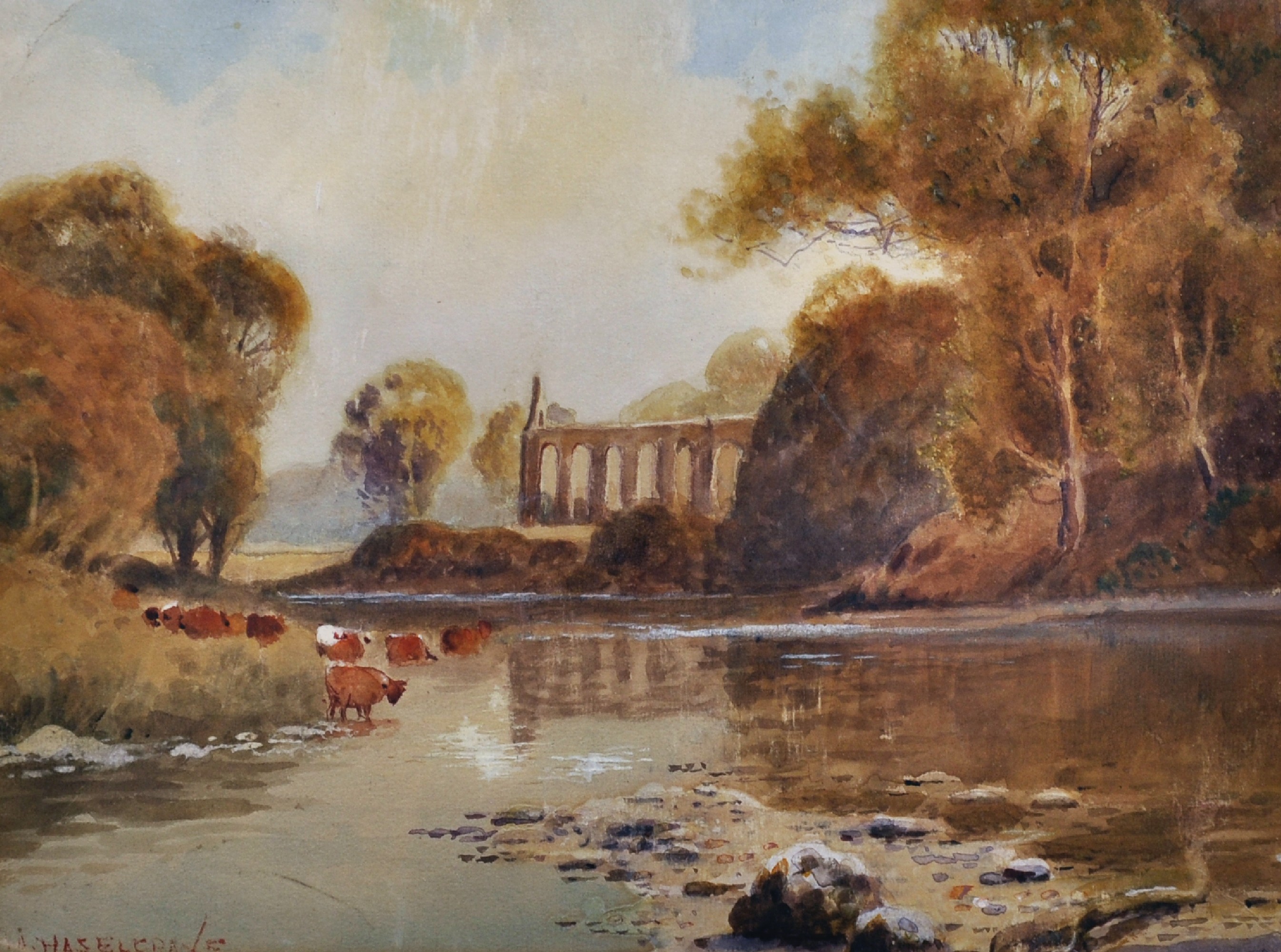 Albert Haselgrave (19th - 20th Century) British. A Tranquil River Landscape, with Cattle Watering,