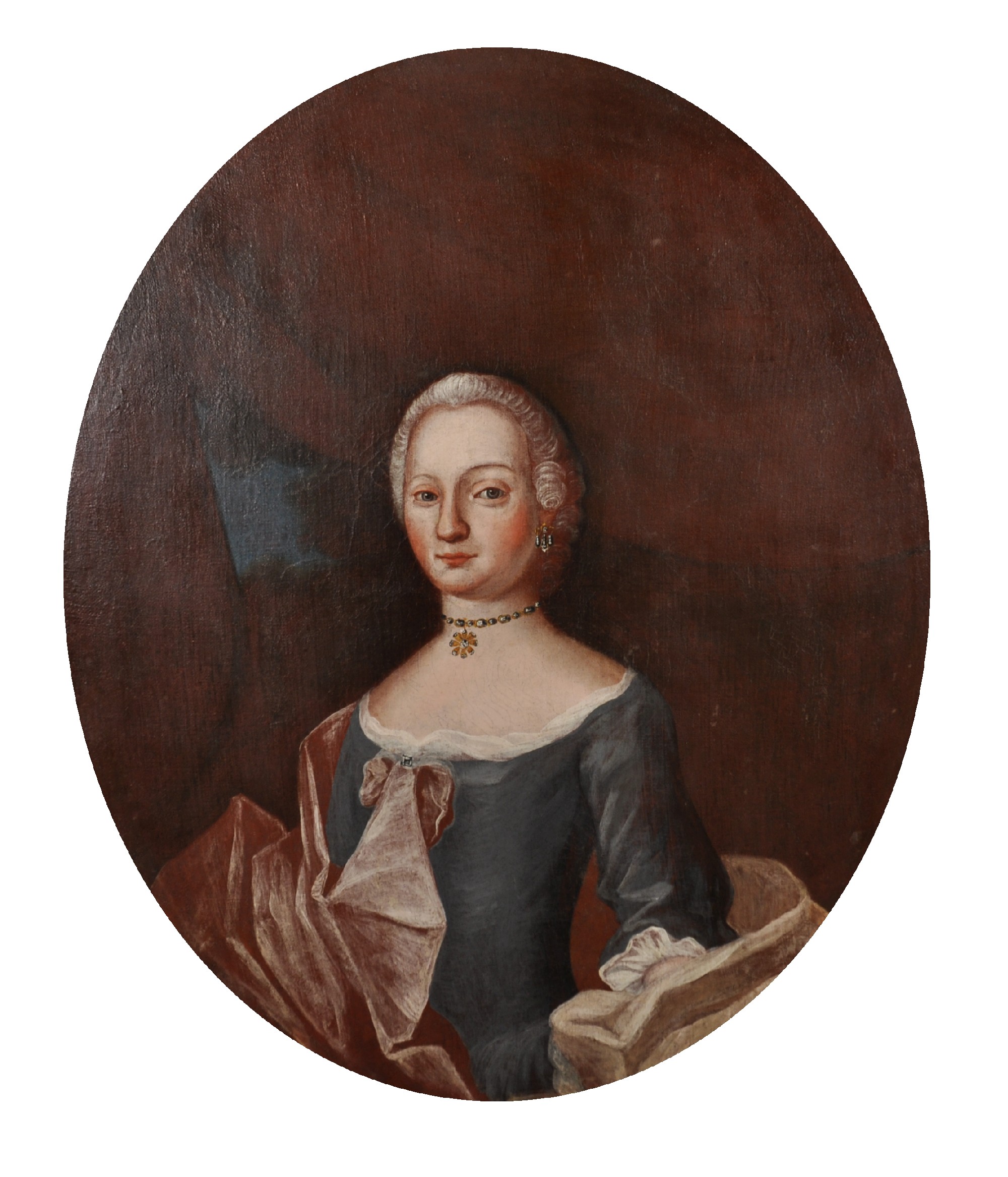 18th Century German School. Half Length Portrait of an Elegant Lady, Oil on Canvas, Oval, 44" x