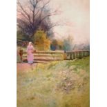 Carlton Alfred Smith (1853-1946) British. A Young Farm Girl, by a Wooden Gate, Watercolour,