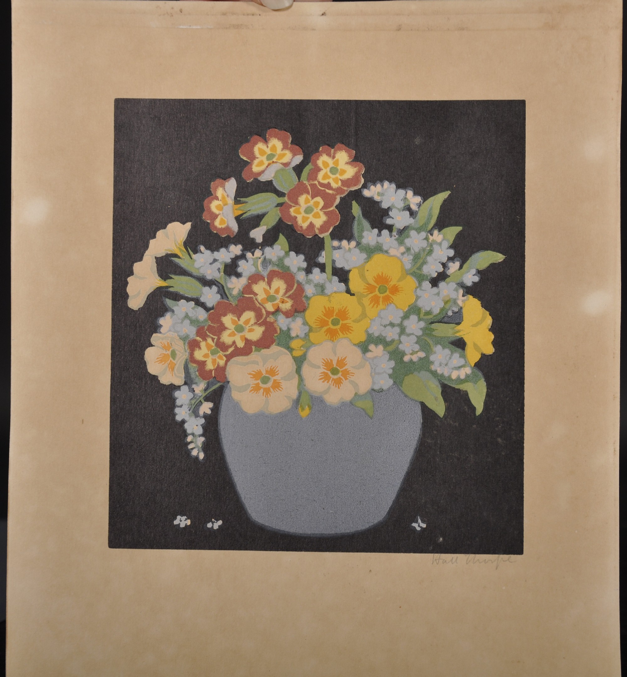 John Hall Thorpe (1874-1947) British. Primroses and Forget Me Nots in a Blue Vase, Woodcut in - Image 3 of 7