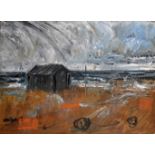 20th Century English School. A Windswept Beach Scene, with a Hut, Oil on Board, 27.25" x 39.25".