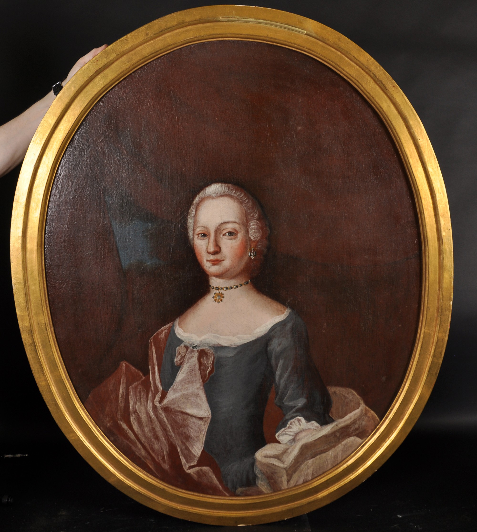 18th Century German School. Half Length Portrait of an Elegant Lady, Oil on Canvas, Oval, 44" x - Image 2 of 3