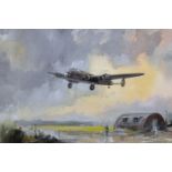 David Griffin (20th - 21st Century) British. A Bomber Flying over a Nissan Hut, with a Guard