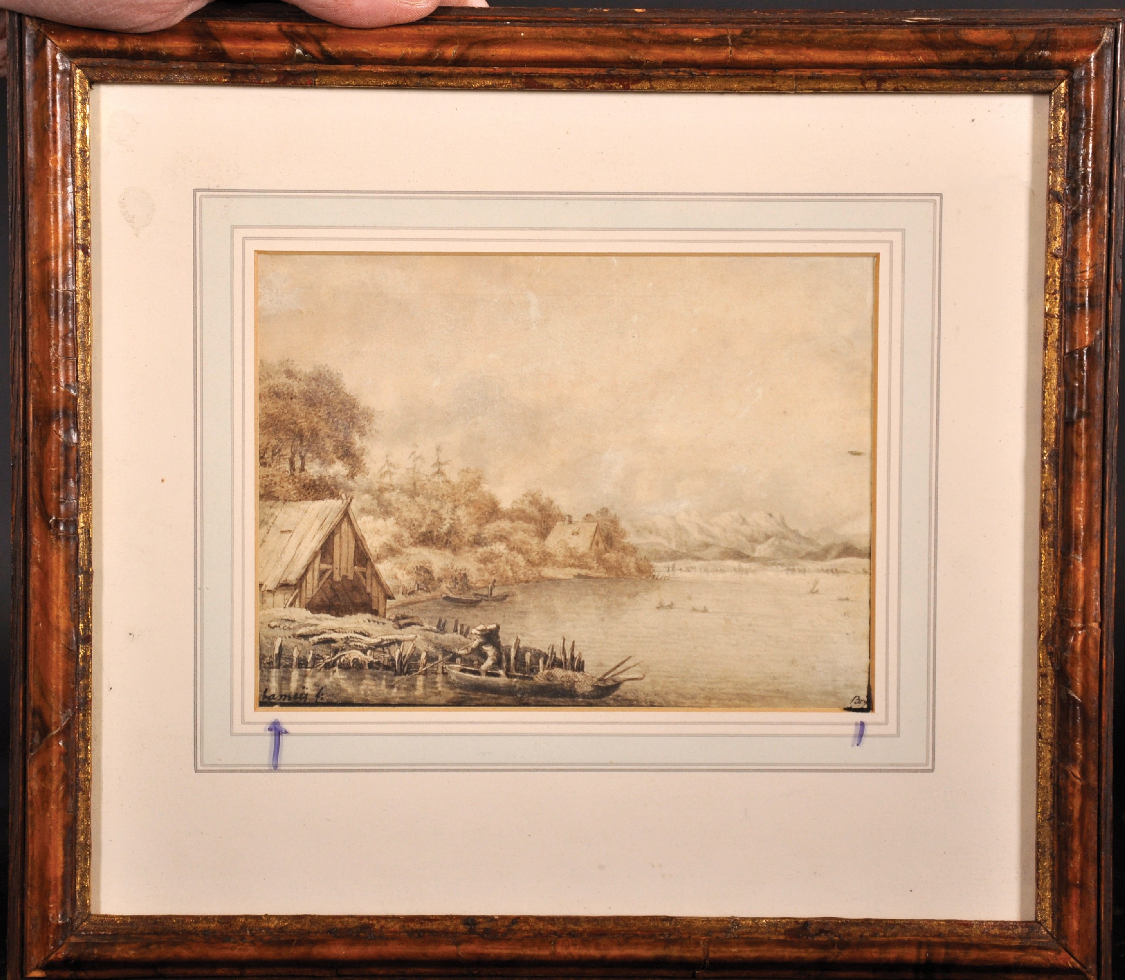 Lamey (Early 19th Century) German. A River Landscape, with a Figure in a Boat, Sepia, Signed and - Image 2 of 6