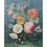 B... Nicholls (20th Century) British. Still Life of Flowers in a Glass Vase, Oil on Canvas, Signed