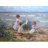 Alexander Averine (1952- ) Russian. "Three Girls on the Seashore", with an Artist's Easel and a