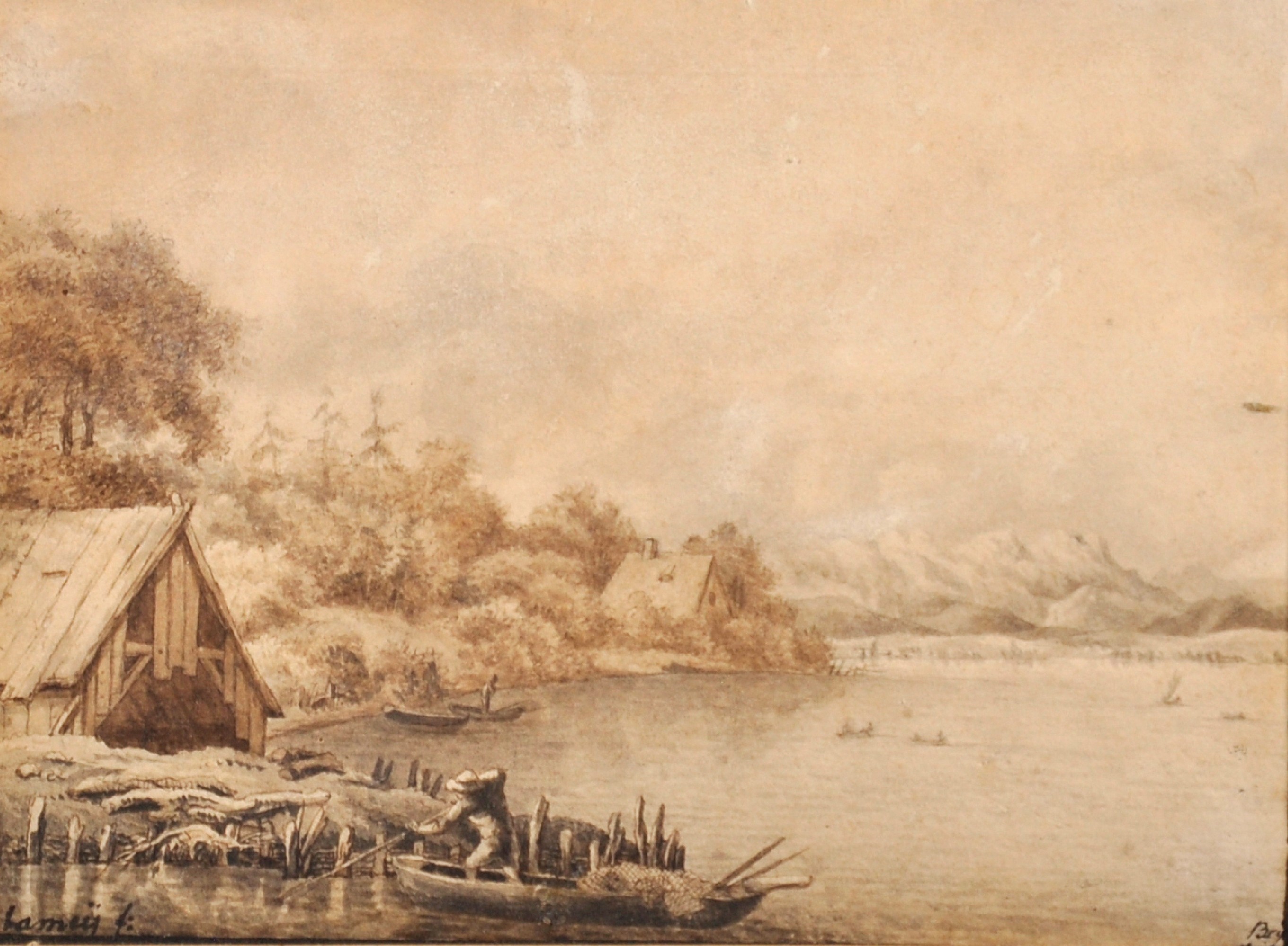Lamey (Early 19th Century) German. A River Landscape, with a Figure in a Boat, Sepia, Signed and