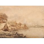 Lamey (Early 19th Century) German. A River Landscape, with a Figure in a Boat, Sepia, Signed and