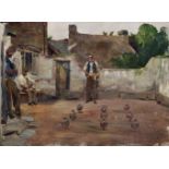 20th Century Irish School. A Courtyard Scene, with Men Playing Bowles, Oil Sketch on Canvas,