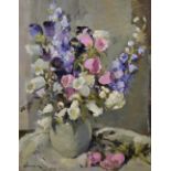 Edward Wesson (1910-1983) British. "Delphinium & Campanula", Still Life with Flowers in a Vase,