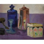 Anne Tallentire (1949- ) British. Still Life of Jugs, Box and Candle Stick, Oil on Canvas, Signed,