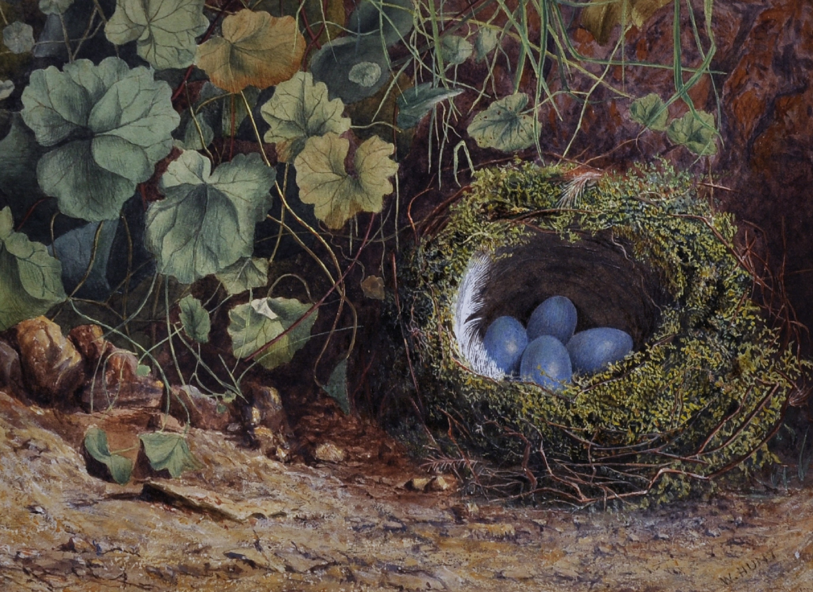 William Henry Hunt (1790-1864) British. Still Life with Eggs in a Bird's Nest, surrounded by Leaves,