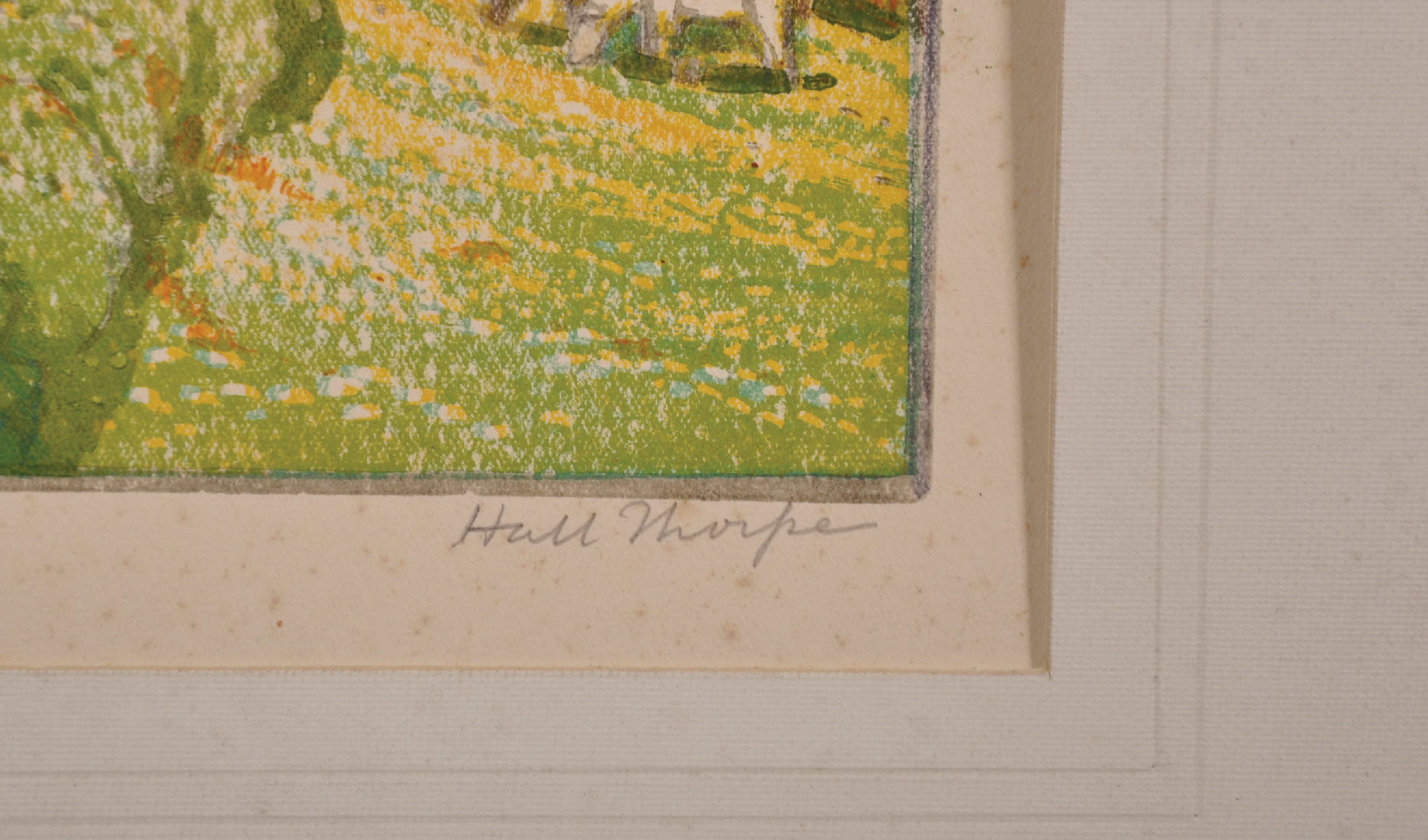 John Hall Thorpe (1874-1947) British. Cows in a Meadow by a Village Road, Woodcut in Colours, Signed - Image 3 of 3