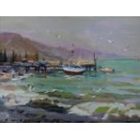 Isaak Davidovitch Drize (1909-2010) Russian. "On the Seashore", with Moored Boats on a Jetty, Oil on