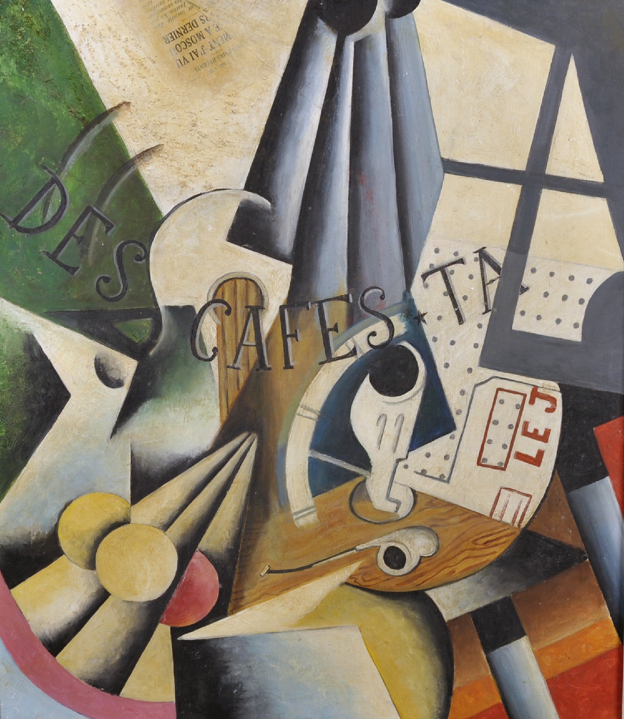 20th Century French School. "Des Cafes Ta", A Surrealist Still Life, Oil on Board, with Collage,