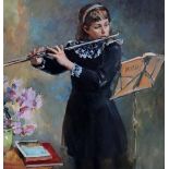 Ludmila Valentinovna Poliakova (1946- ) Russian. "Young Piper", a Young Girl playing the Flute,