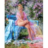 Konstantin Razumov (1974- ) Russian. "May Sun", with a Semi Naked Lady seated on a Bench, Oil on