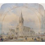 Early 19th Century English School. Study of a Church, with Numerous Figures and a Horse Drawn
