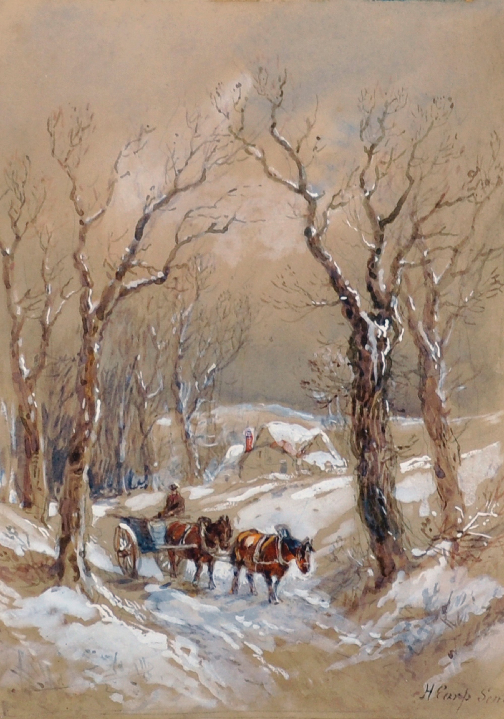 Henry Earp (1831-1914) British. A Snow-Covered Landscape, with Horses and a Cart, Watercolour,