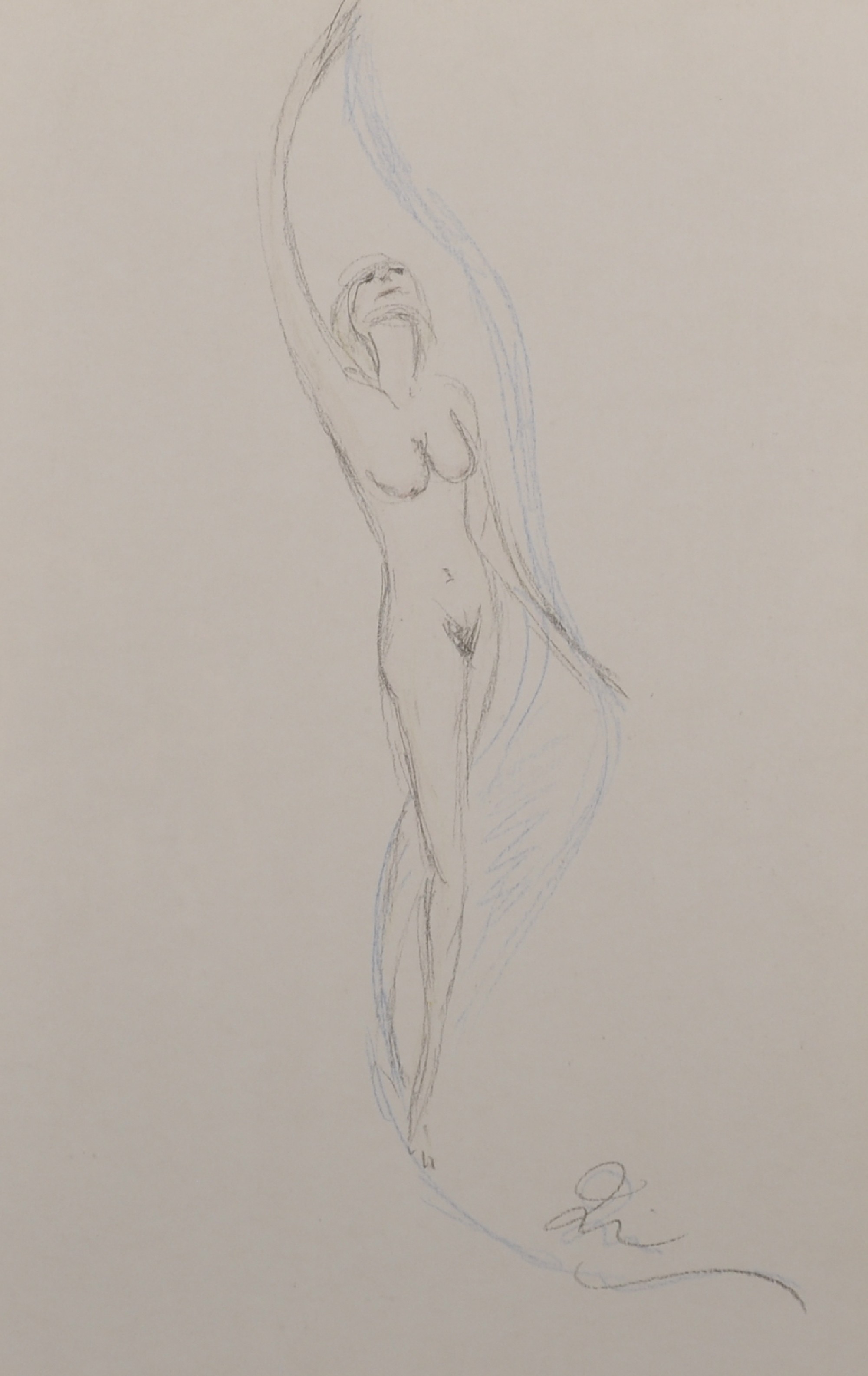 20th Century French School. Study of a Naked Lady with Ribbon, Crayon, Indistinctly Signed with