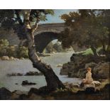 Bertram Nicholls (1883-1974) British. A River Landscape, with a Naked Lady sitting on a Bank by a