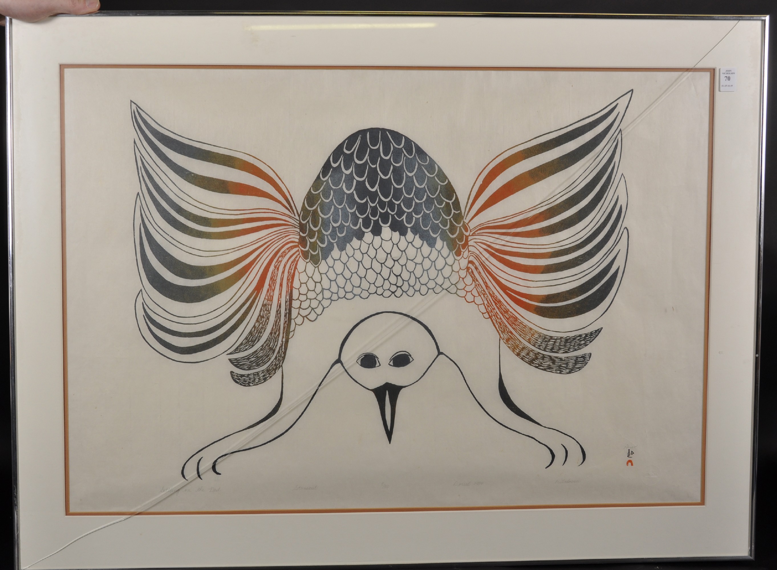 Pitaloosie Saila (1942- ) Canadian. "Settling on the Nest", Stonecut, Signed, Inscribed 'Dorset - Image 2 of 6