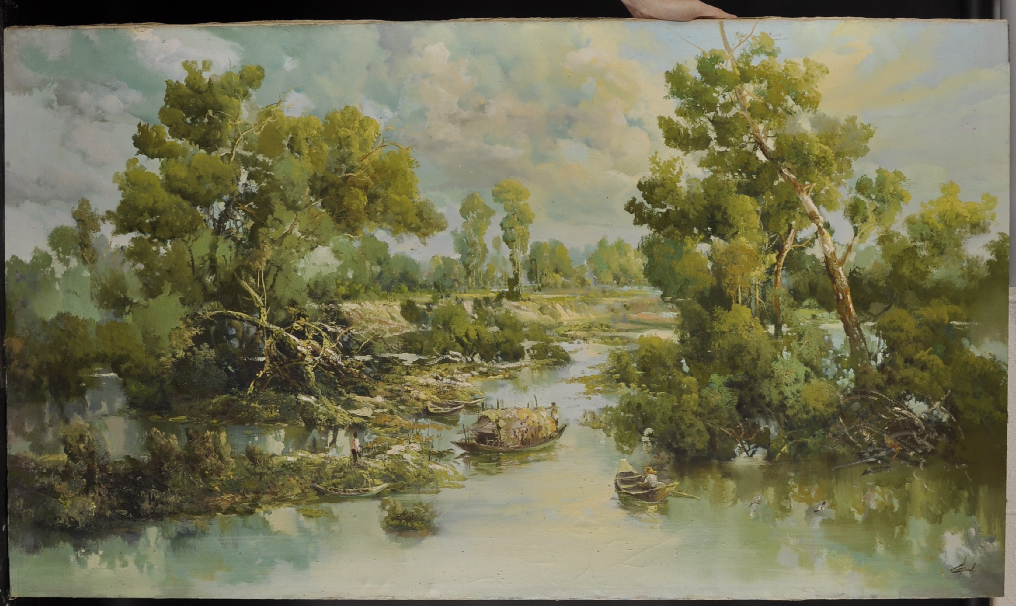 20th Century Asian School. A River Landscape, with Figures in Boats, Oil on Canvas, Signed, - Image 2 of 4