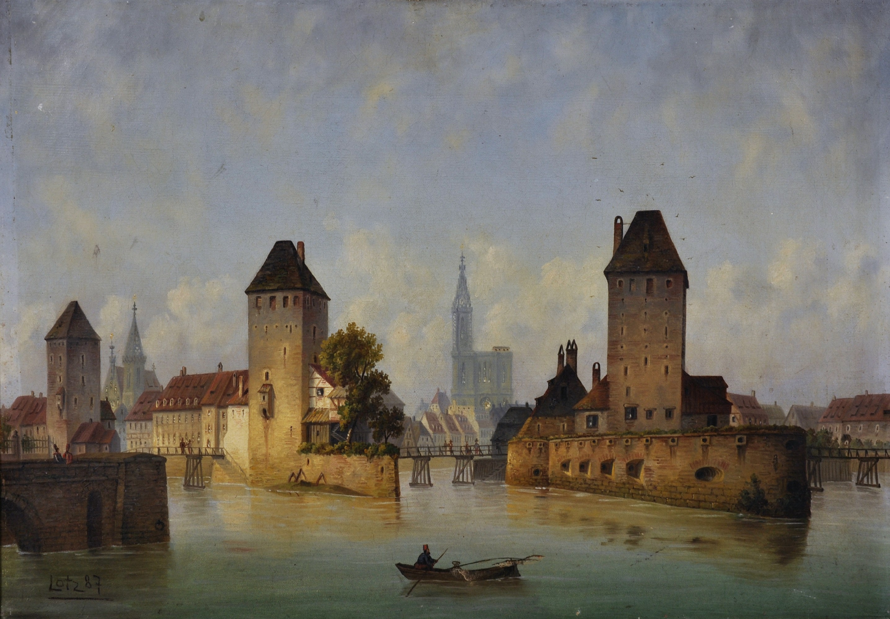 Attributed to Karl Lotz (1833-1904) German. View of a European City from the River, with