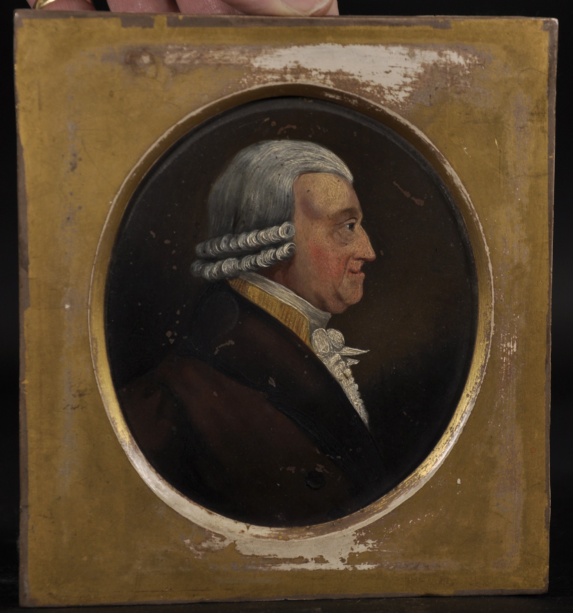 18th Century English School. A Bust Portrait of a Wigged Man, Oil on Copper, Oval, 5.25" x 4.5". - Image 2 of 3