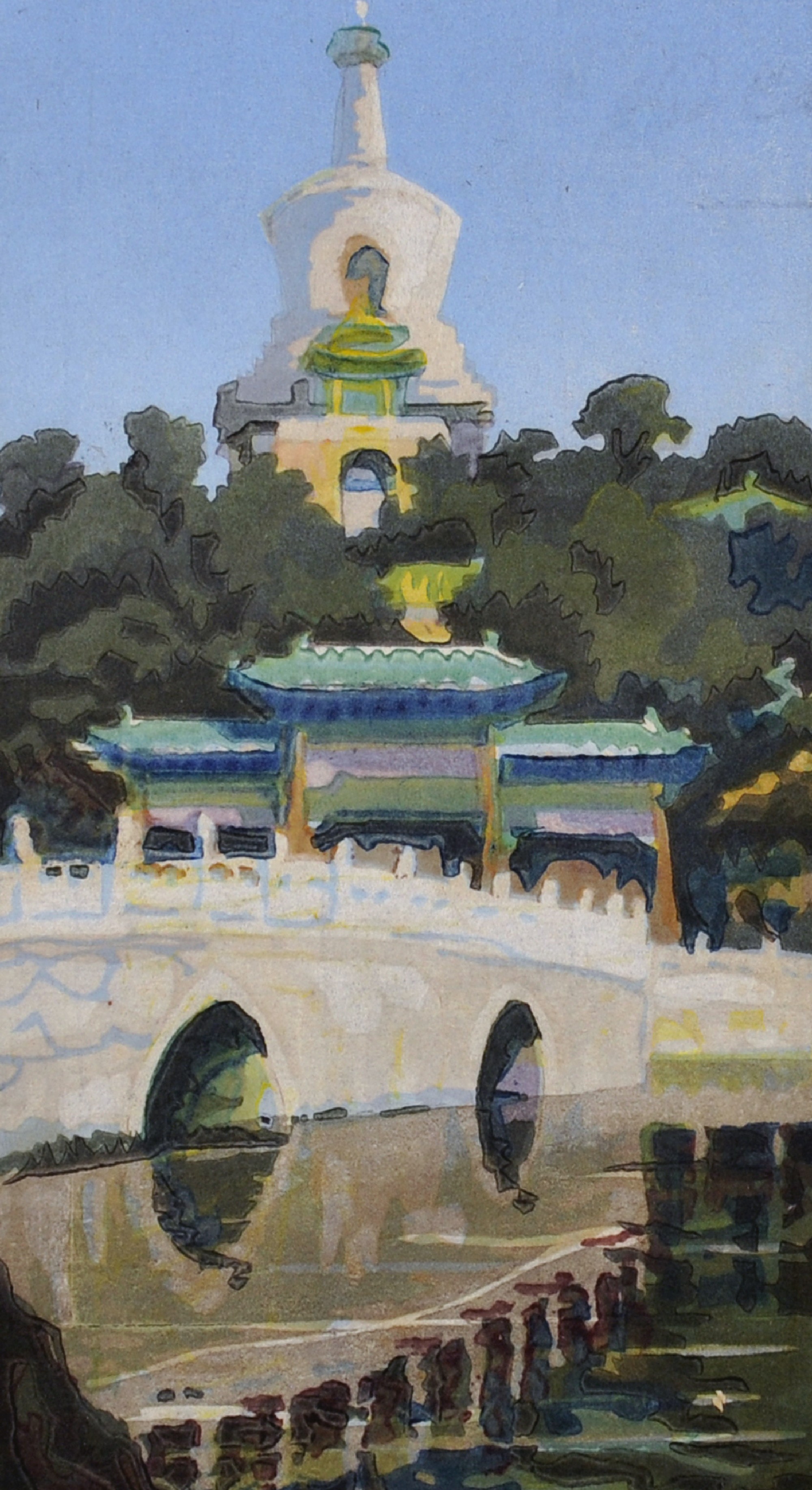 Katharine Jowett (1890-c.1965) British. "White Dagoba, Pei Hai, Peking", Woodcut in Colours,