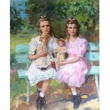 Oleg Leonidovitch Lomakine (1924-2010) Russian. "Two Girls Sitting on the Bench", holding their