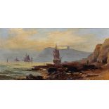19th Century English School. Shipping along a Shoreline, with Ruins on a Hillside in the distance,