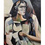 After Mikhail Chemiakin (1943- ) Russian. A Cubist Portrait of a Lady, Oil on Board, bears a
