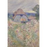 M... E... Drury (20th Century) British. A Thatched Farm Building, with a Haycart in the