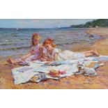 Konstantin Razumov (1974- ) Russian. "Drawing near the Sea", Two Young Girls on a Rug, with a West