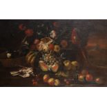 18th Century Dutch School. A Still Life with Fruit, and a Parrot and Other Birds, Oil on Canvas, 29"