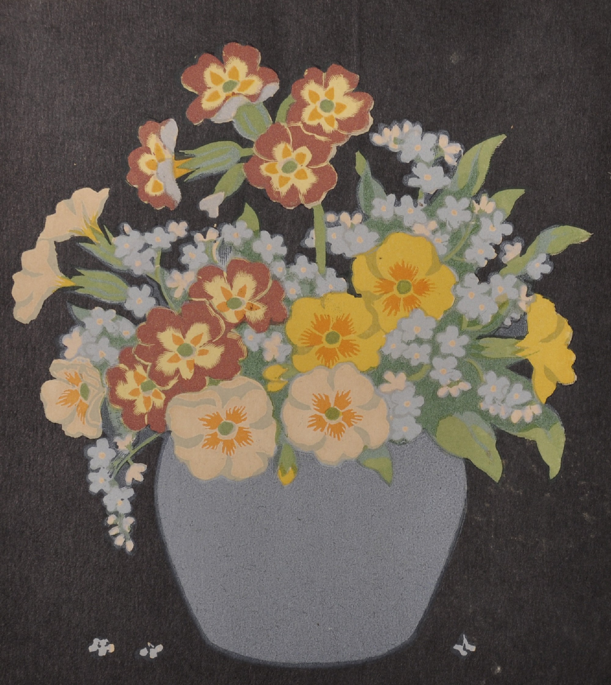 John Hall Thorpe (1874-1947) British. Primroses and Forget Me Nots in a Blue Vase, Woodcut in