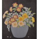 John Hall Thorpe (1874-1947) British. Primroses and Forget Me Nots in a Blue Vase, Woodcut in
