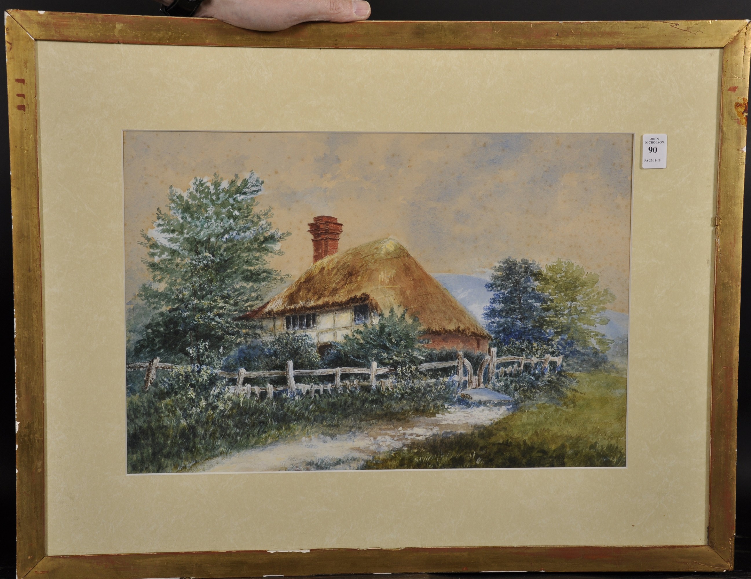 19th Century English School. A Thatched Cottage by a Stream, Watercolour, 12" x 18". - Image 2 of 3