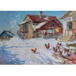 Filaret Ivanovitch Pakoun (1912-2002) Russian. "Winter Day", with Chickens in the foreground, Oil on